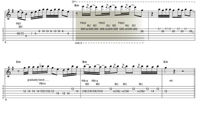 Lick 3: We’re at the top fret of a 22-fret guitar here. Pre-bend and pick the first string, let it down, bend back up and let down again quickly, all in one move; repeat the process rapidly for this effect. This lick isn't easy and can rip up your fingertips if you're not careful.